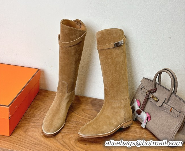 Popular Style Hermes Jumping High Flat Boots in Suede with Kelly Buckle Strap Brown2 H102302 1023071