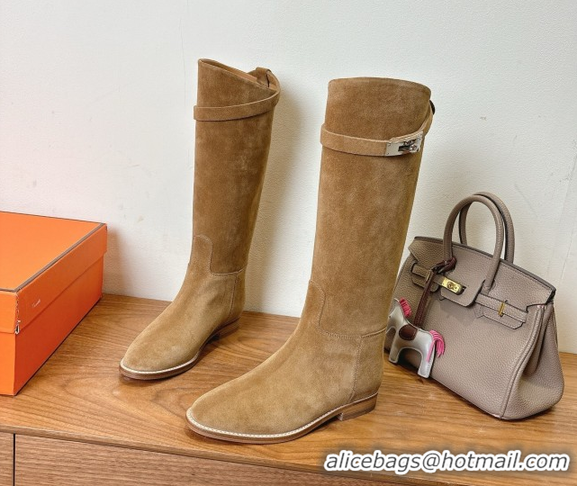 Popular Style Hermes Jumping High Flat Boots in Suede with Kelly Buckle Strap Brown2 H102302 1023071