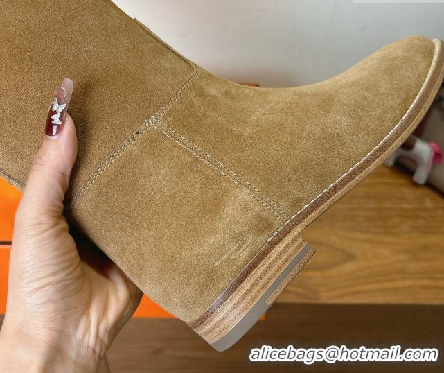 Popular Style Hermes Jumping High Flat Boots in Suede with Kelly Buckle Strap Brown2 H102302 1023071