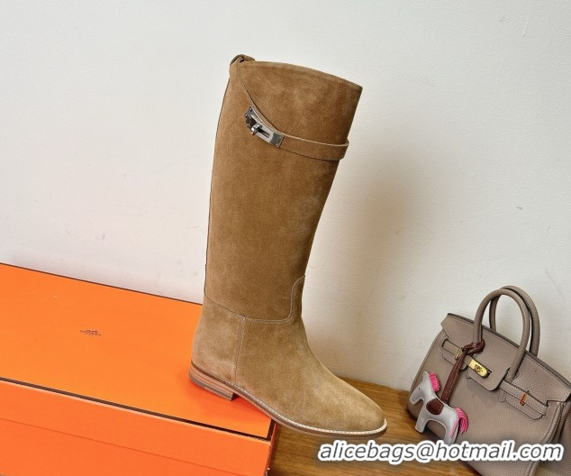 Popular Style Hermes Jumping High Flat Boots in Suede with Kelly Buckle Strap Brown2 H102302 1023071