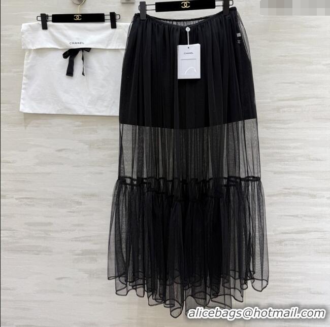 Good Looking Chanel Tweed & Mesh Skirt CH112725 Black 2025
