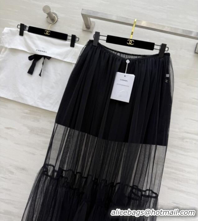Good Looking Chanel Tweed & Mesh Skirt CH112725 Black 2025
