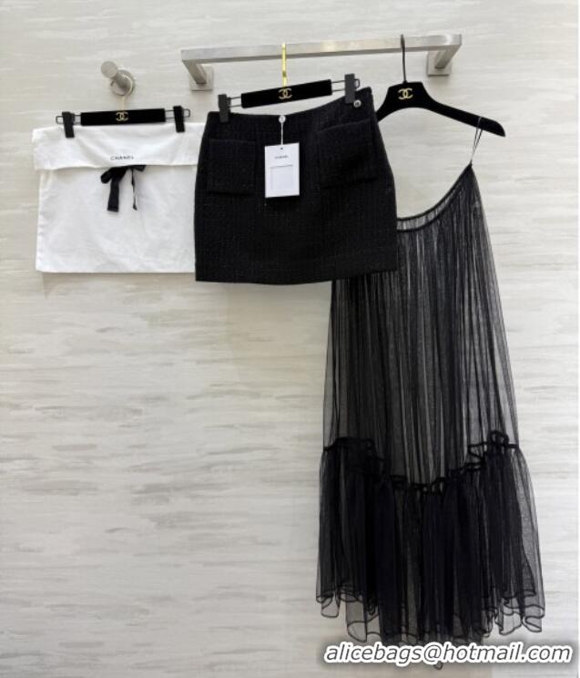 Good Looking Chanel Tweed & Mesh Skirt CH112725 Black 2025