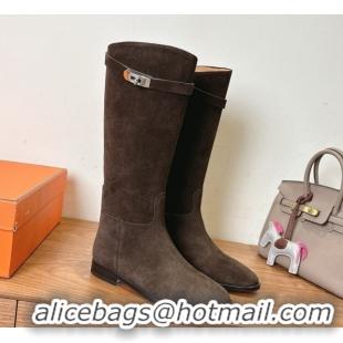 Buy Luxury Hermes Jumping High Flat Boots in Suede with Kelly Buckle Strap Dark Brown H102302 1023072