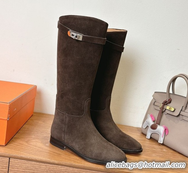 Buy Luxury Hermes Jumping High Flat Boots in Suede with Kelly Buckle Strap Dark Brown H102302 1023072