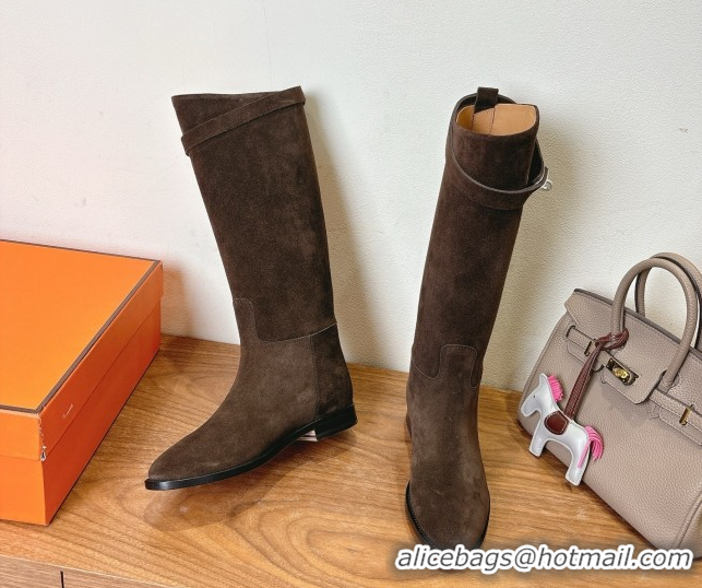 Buy Luxury Hermes Jumping High Flat Boots in Suede with Kelly Buckle Strap Dark Brown H102302 1023072