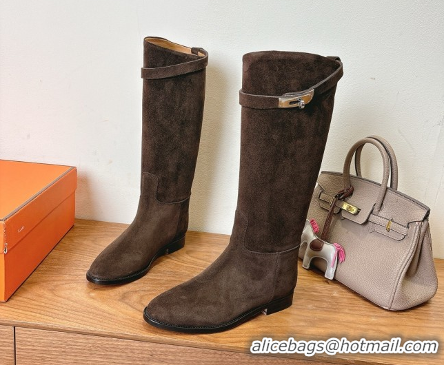 Buy Luxury Hermes Jumping High Flat Boots in Suede with Kelly Buckle Strap Dark Brown H102302 1023072