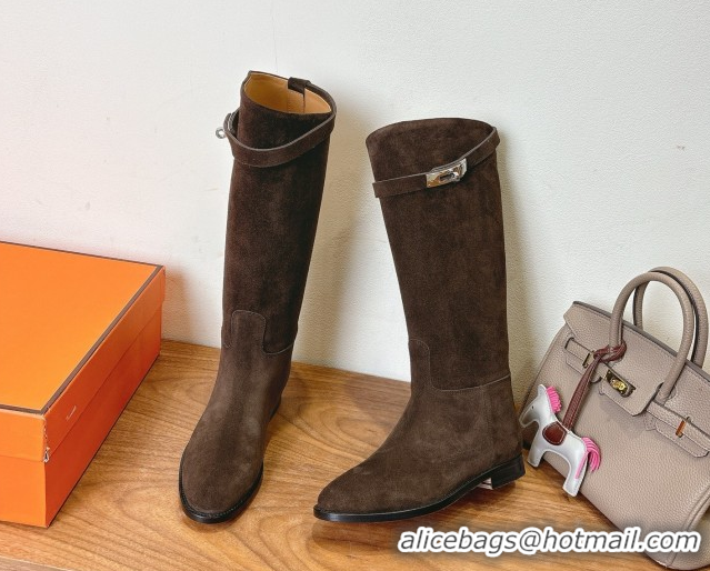 Buy Luxury Hermes Jumping High Flat Boots in Suede with Kelly Buckle Strap Dark Brown H102302 1023072