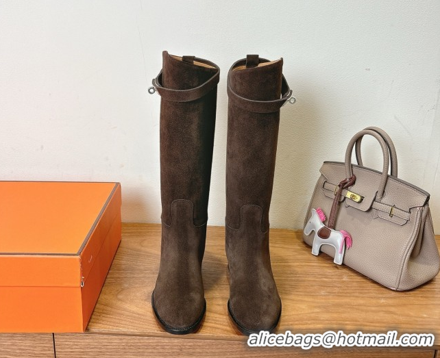 Buy Luxury Hermes Jumping High Flat Boots in Suede with Kelly Buckle Strap Dark Brown H102302 1023072
