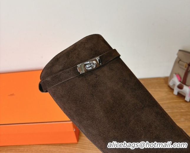 Buy Luxury Hermes Jumping High Flat Boots in Suede with Kelly Buckle Strap Dark Brown H102302 1023072