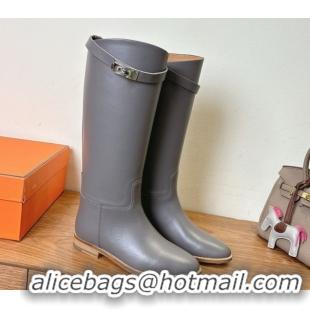 Shop Cheap Hermes Jumping High Flat Boots in Calfskin Leather with Kelly Buckle Strap Grey H102302 1023073