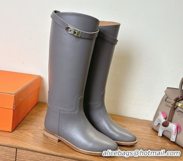 Shop Cheap Hermes Jumping High Flat Boots in Calfskin Leather with Kelly Buckle Strap Grey H102302 1023073