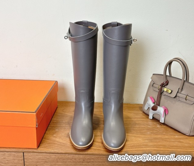 Shop Cheap Hermes Jumping High Flat Boots in Calfskin Leather with Kelly Buckle Strap Grey H102302 1023073