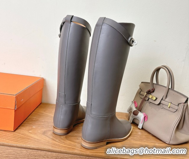 Shop Cheap Hermes Jumping High Flat Boots in Calfskin Leather with Kelly Buckle Strap Grey H102302 1023073