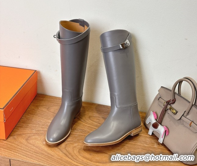Shop Cheap Hermes Jumping High Flat Boots in Calfskin Leather with Kelly Buckle Strap Grey H102302 1023073