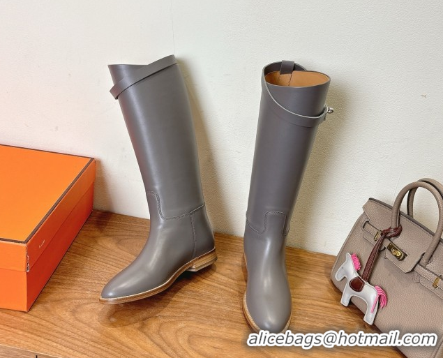 Shop Cheap Hermes Jumping High Flat Boots in Calfskin Leather with Kelly Buckle Strap Grey H102302 1023073