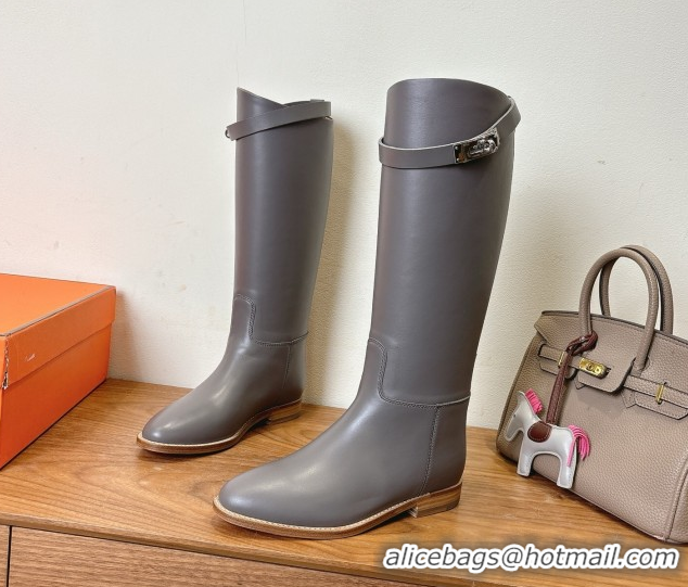 Shop Cheap Hermes Jumping High Flat Boots in Calfskin Leather with Kelly Buckle Strap Grey H102302 1023073
