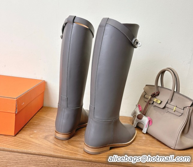 Shop Cheap Hermes Jumping High Flat Boots in Calfskin Leather with Kelly Buckle Strap Grey H102302 1023073