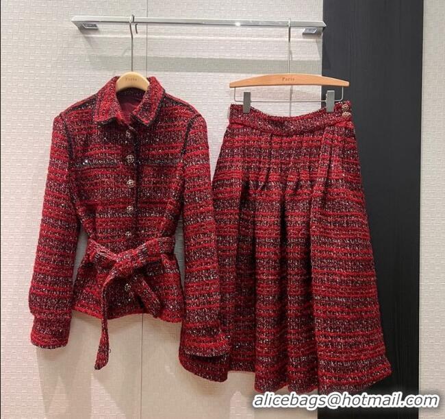 Luxury Discount Chanel Wool Blend Tweed Jacket and Skirt Set CH120111 Red 2025