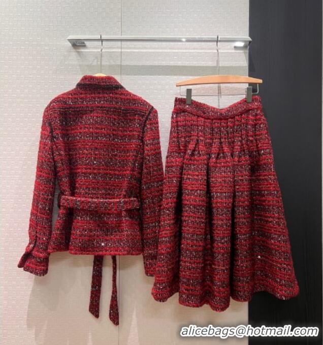 Luxury Discount Chanel Wool Blend Tweed Jacket and Skirt Set CH120111 Red 2025