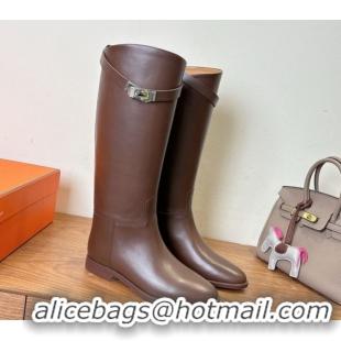 Unique Style Hermes Jumping High Flat Boots in Calfskin Leather with Kelly Buckle Strap Dark Brown H102302 1023074