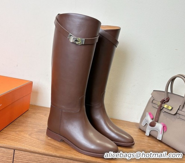 Unique Style Hermes Jumping High Flat Boots in Calfskin Leather with Kelly Buckle Strap Dark Brown H102302 1023074
