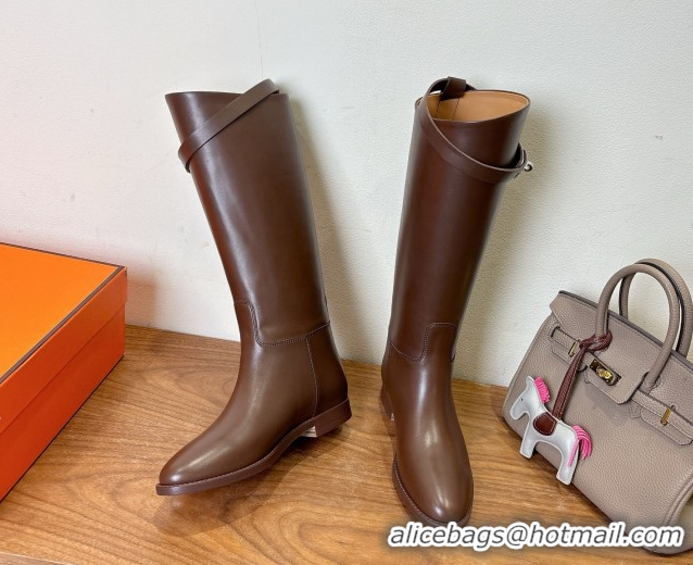 Unique Style Hermes Jumping High Flat Boots in Calfskin Leather with Kelly Buckle Strap Dark Brown H102302 1023074