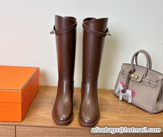Unique Style Hermes Jumping High Flat Boots in Calfskin Leather with Kelly Buckle Strap Dark Brown H102302 1023074