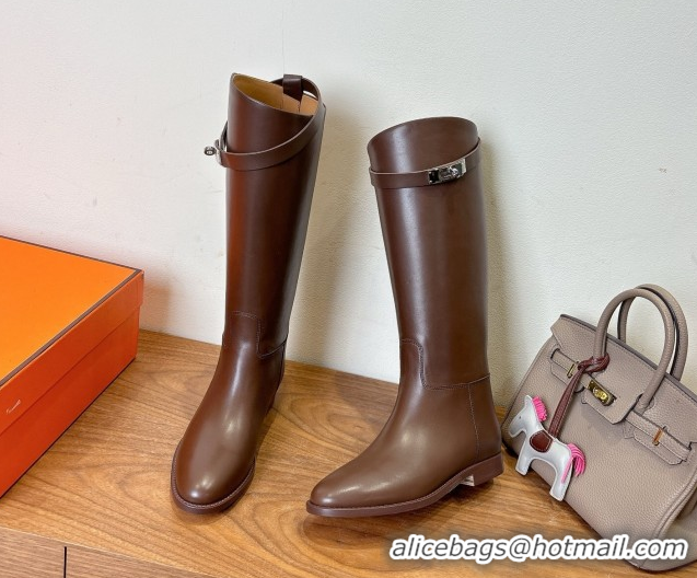 Unique Style Hermes Jumping High Flat Boots in Calfskin Leather with Kelly Buckle Strap Dark Brown H102302 1023074