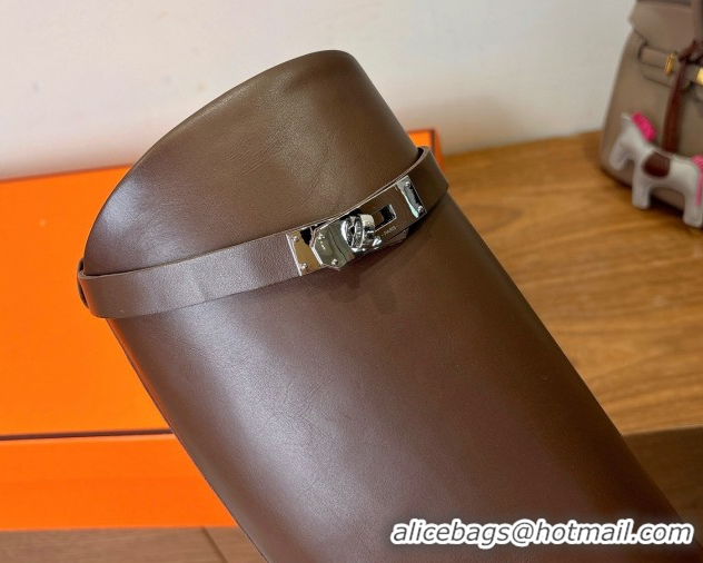 Unique Style Hermes Jumping High Flat Boots in Calfskin Leather with Kelly Buckle Strap Dark Brown H102302 1023074