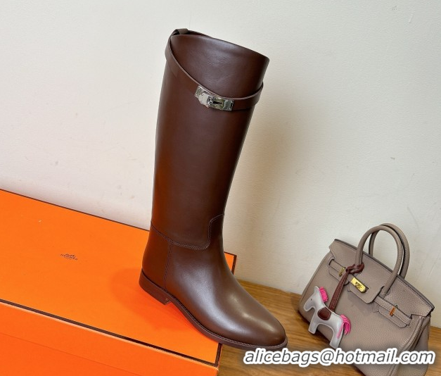 Unique Style Hermes Jumping High Flat Boots in Calfskin Leather with Kelly Buckle Strap Dark Brown H102302 1023074