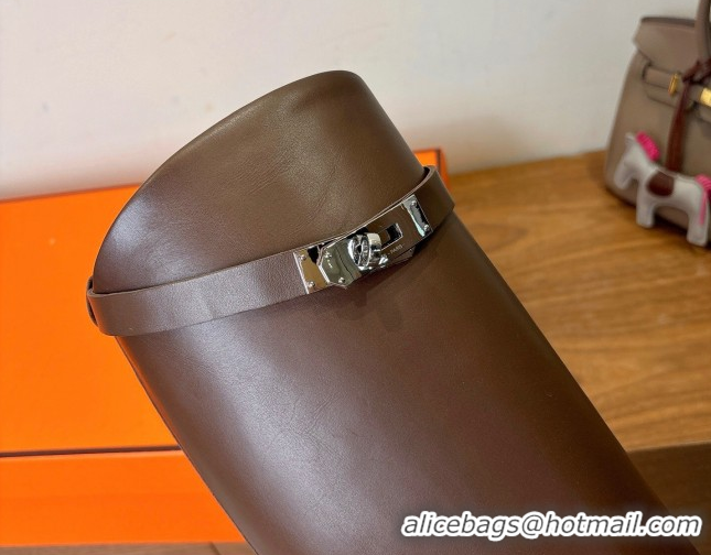 Unique Style Hermes Jumping High Flat Boots in Calfskin Leather with Kelly Buckle Strap Dark Brown H102302 1023074