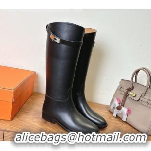 Popular Style Hermes Jumping High Flat Boots in Calfskin Leather with Kelly Buckle Strap Black H102302 1023075