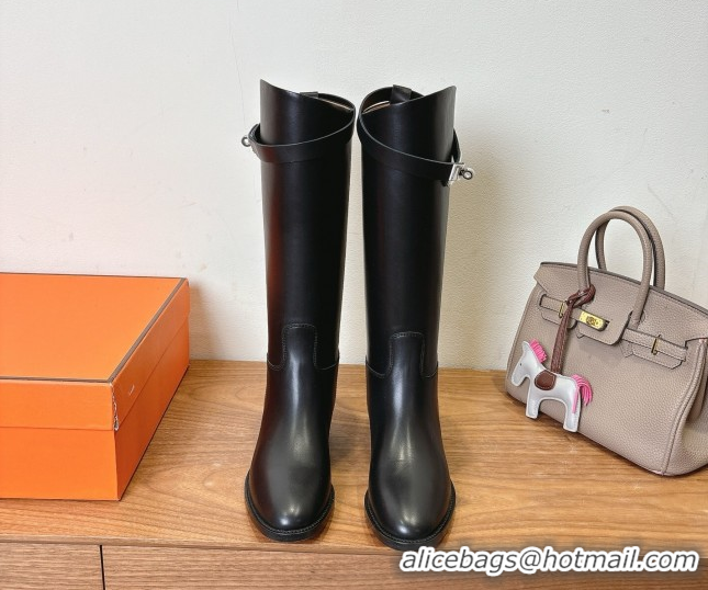 Popular Style Hermes Jumping High Flat Boots in Calfskin Leather with Kelly Buckle Strap Black H102302 1023075