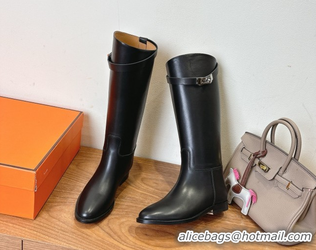 Popular Style Hermes Jumping High Flat Boots in Calfskin Leather with Kelly Buckle Strap Black H102302 1023075
