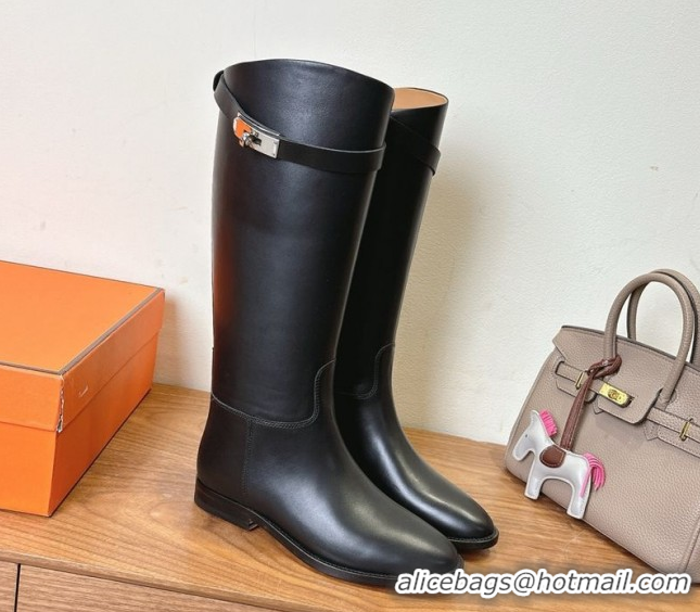 Popular Style Hermes Jumping High Flat Boots in Calfskin Leather with Kelly Buckle Strap Black H102302 1023075