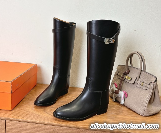 Popular Style Hermes Jumping High Flat Boots in Calfskin Leather with Kelly Buckle Strap Black H102302 1023075