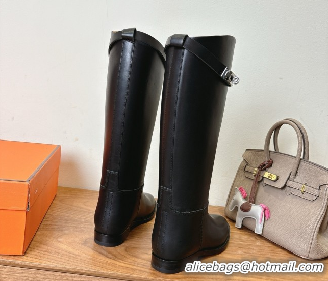 Popular Style Hermes Jumping High Flat Boots in Calfskin Leather with Kelly Buckle Strap Black H102302 1023075