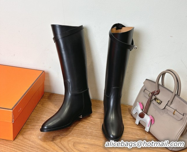 Popular Style Hermes Jumping High Flat Boots in Calfskin Leather with Kelly Buckle Strap Black H102302 1023075