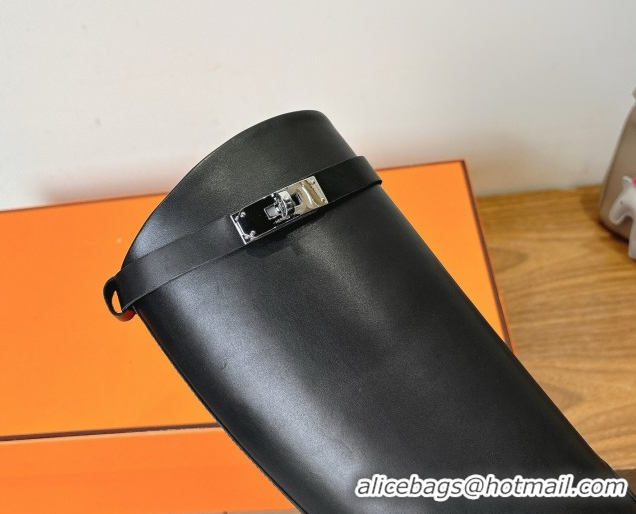 Popular Style Hermes Jumping High Flat Boots in Calfskin Leather with Kelly Buckle Strap Black H102302 1023075