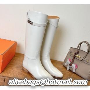 Good Quality Hermes Jumping High Flat Boots in Calfskin Leather with Kelly Buckle Strap White H102302 1023077