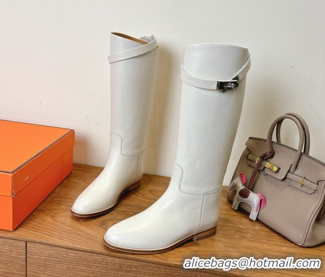 Good Quality Hermes Jumping High Flat Boots in Calfskin Leather with Kelly Buckle Strap White H102302 1023077