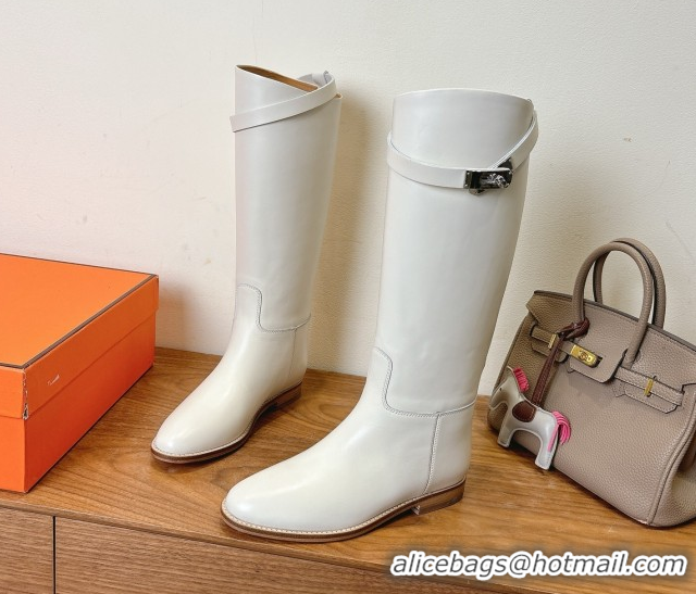 Good Quality Hermes Jumping High Flat Boots in Calfskin Leather with Kelly Buckle Strap White H102302 1023077