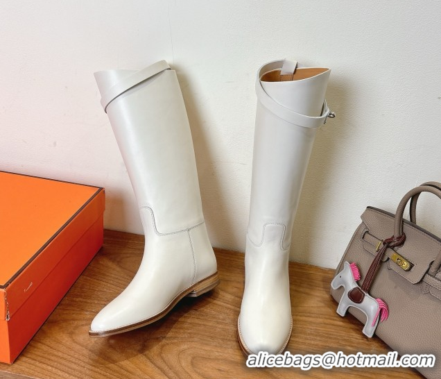 Good Quality Hermes Jumping High Flat Boots in Calfskin Leather with Kelly Buckle Strap White H102302 1023077