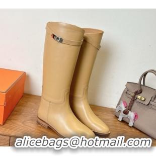 Stylish Hermes Jumping High Flat Boots in Calfskin Leather with Kelly Buckle Strap Beige H102302 1023078