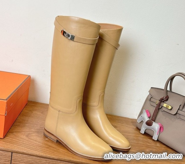 Stylish Hermes Jumping High Flat Boots in Calfskin Leather with Kelly Buckle Strap Beige H102302 1023078