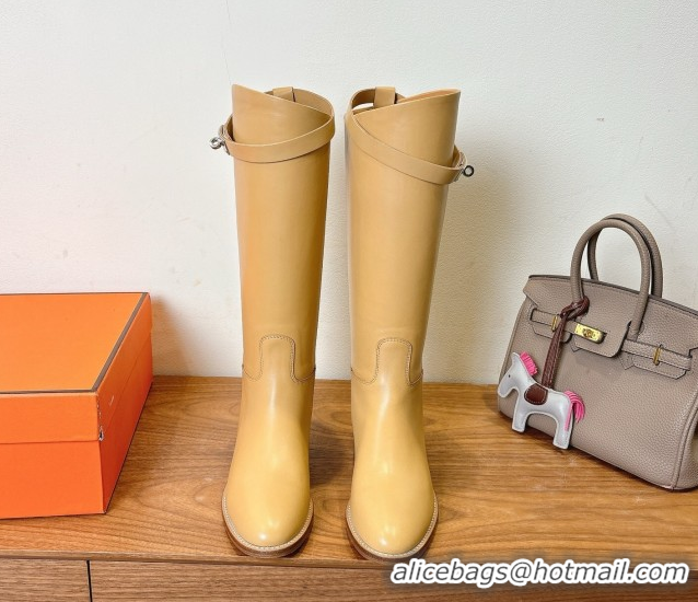 Stylish Hermes Jumping High Flat Boots in Calfskin Leather with Kelly Buckle Strap Beige H102302 1023078