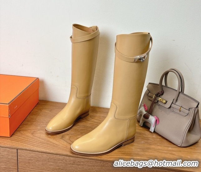 Stylish Hermes Jumping High Flat Boots in Calfskin Leather with Kelly Buckle Strap Beige H102302 1023078