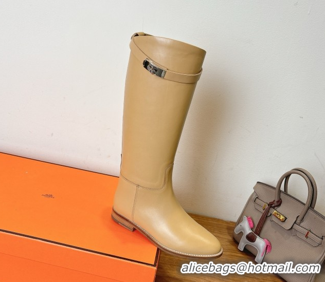 Stylish Hermes Jumping High Flat Boots in Calfskin Leather with Kelly Buckle Strap Beige H102302 1023078