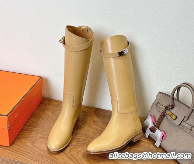 Stylish Hermes Jumping High Flat Boots in Calfskin Leather with Kelly Buckle Strap Beige H102302 1023078